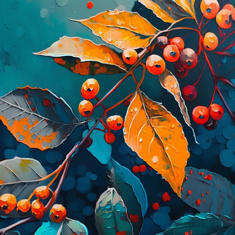 Abstract fall leaves and rowan berry background. Modern autumn nature oil painted art in blue yellow orange colors. Generative AI