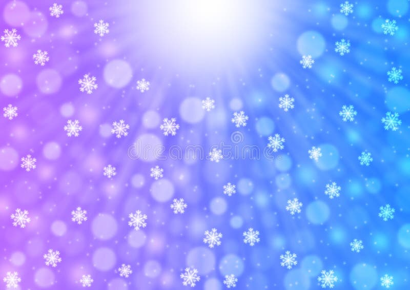 Abstract Falling Snowflakes, Light Rays and Bokeh in Blue and Purple Gradient Background royalty free illustration