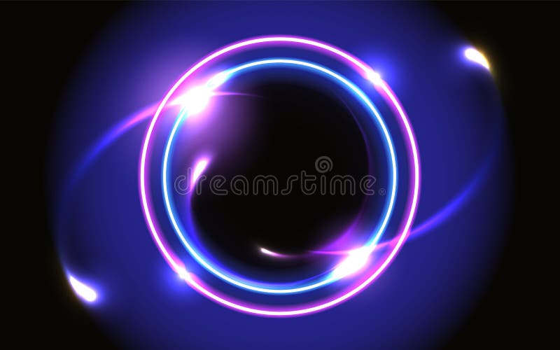 Abstract fantastic background with neon glowing round frame and space portal into another dimension stock illustration