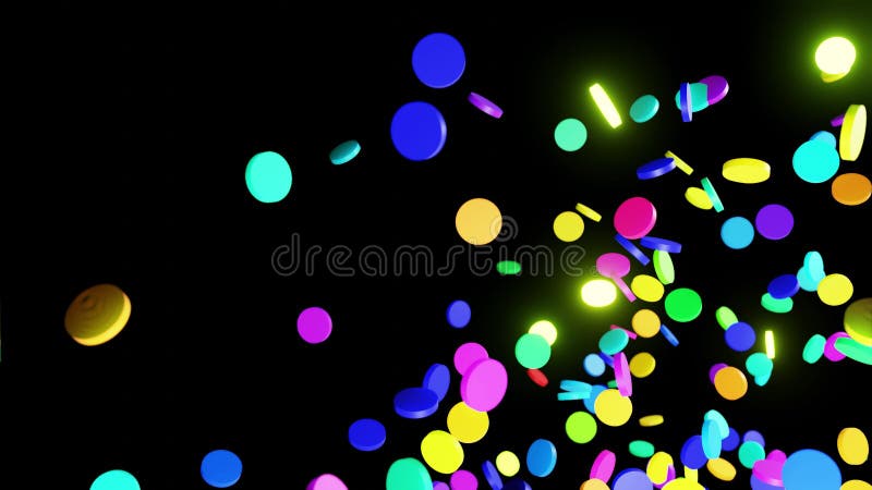Abstract festive background with cloud of circles like disks flashing neon light randomly. Multi-colored cylinders royalty free illustration