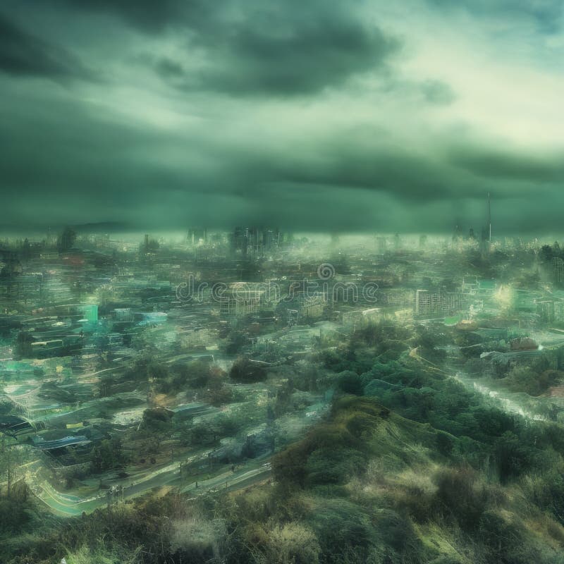 Abstract Fictional Scary Dark Wasteland City Background Light Green