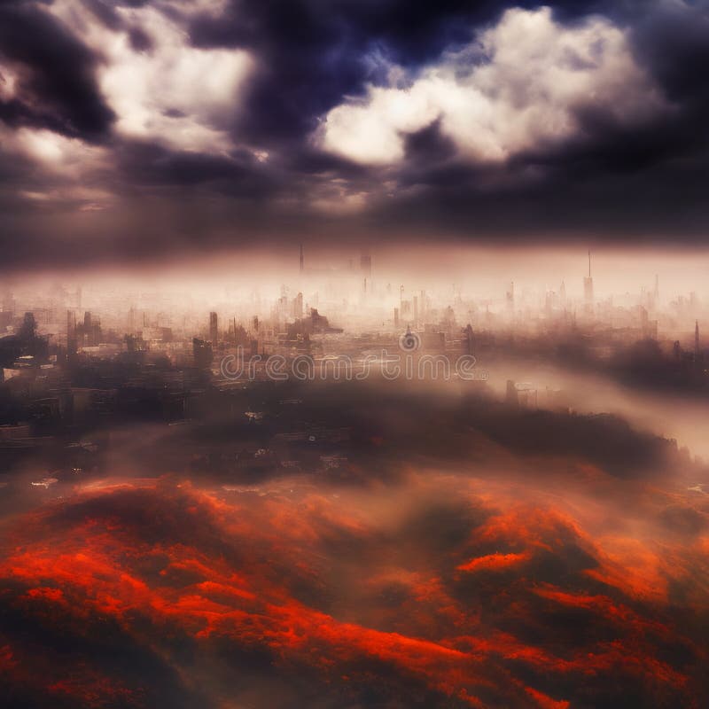 Abstract Fictional Scary Dark Wasteland City Background Red Blanket Of