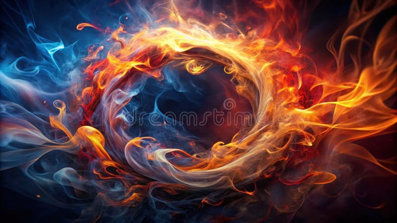 Abstract fiery vortex, swirling flames and smoke in vibrant colors creating a dynamic circular design. Generative AI stock illustration