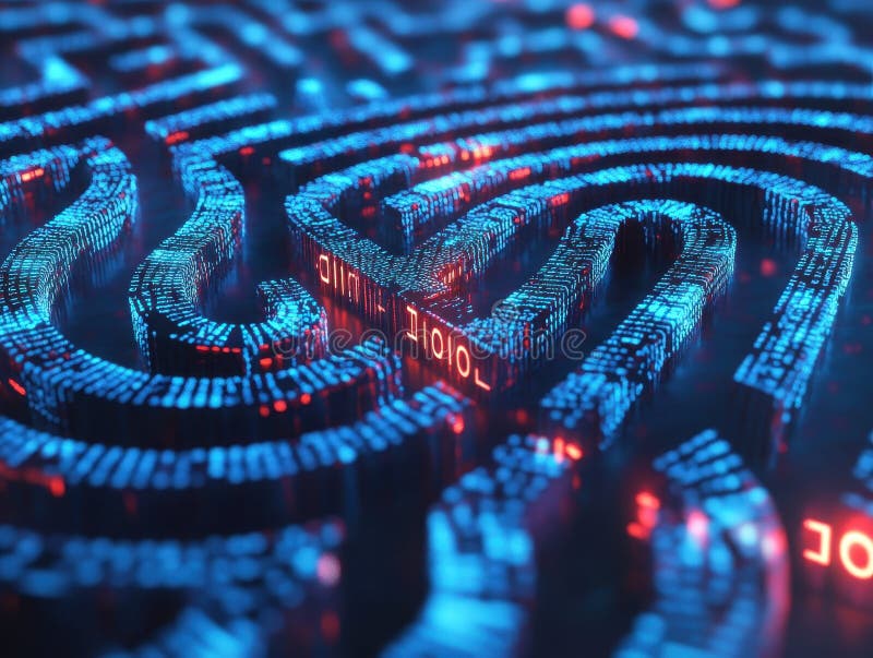 Abstract Fingerprint Pattern Formed by Glowing Blue and Red Data. An abstract representation of a fingerprint, composed of glowing blue and red data. Generative AI