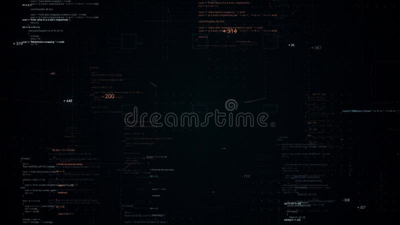 Abstract flight through moving computer code on black background with 3D effect. Animation. Lines of written code stock illustration