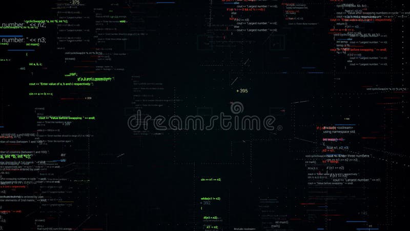 Abstract flight through moving computer code on black background with 3D effect. Animation. Lines of written code royalty free illustration