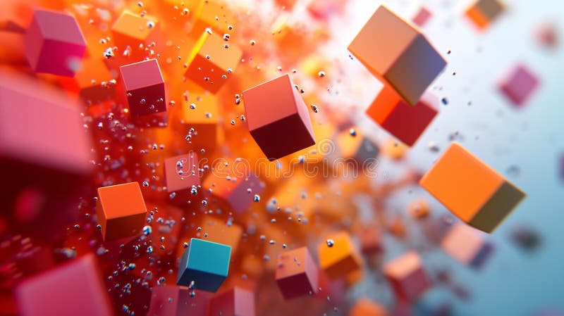 Abstract Floating Red and Orange 3D Cubes Immersed in Colorful Energetic Burst royalty free illustration