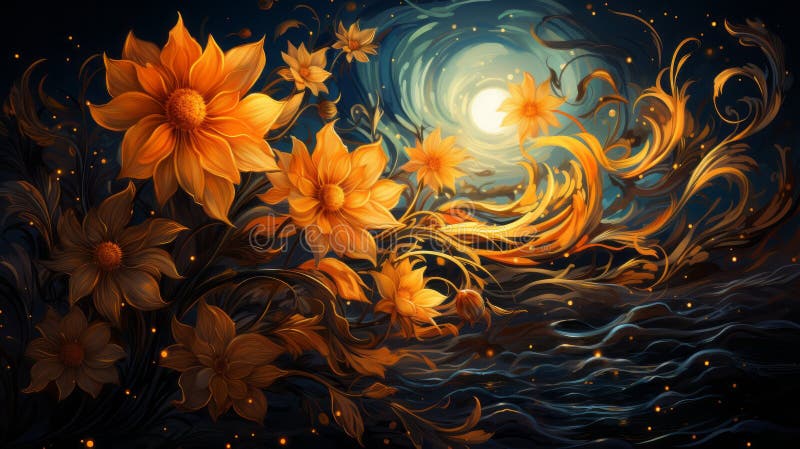 Abstract floral background with sunflowers and waves. Vector illustration royalty free stock images