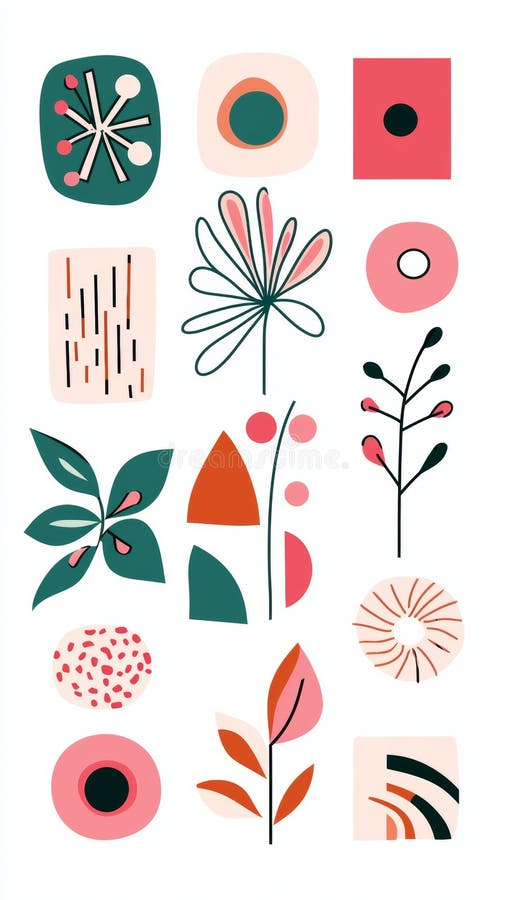 Abstract floral and geometric shapes creating a seamless pattern design with modern artistic elements, perfect for backgrounds royalty free stock photography
