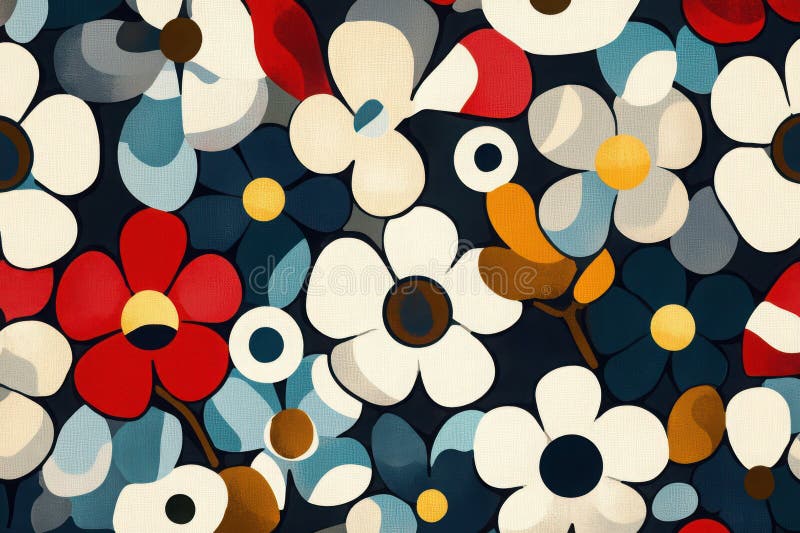 Abstract floral pattern with geometric flowers in white, blue, red, and gold, creating a bold and modern design vector illustration