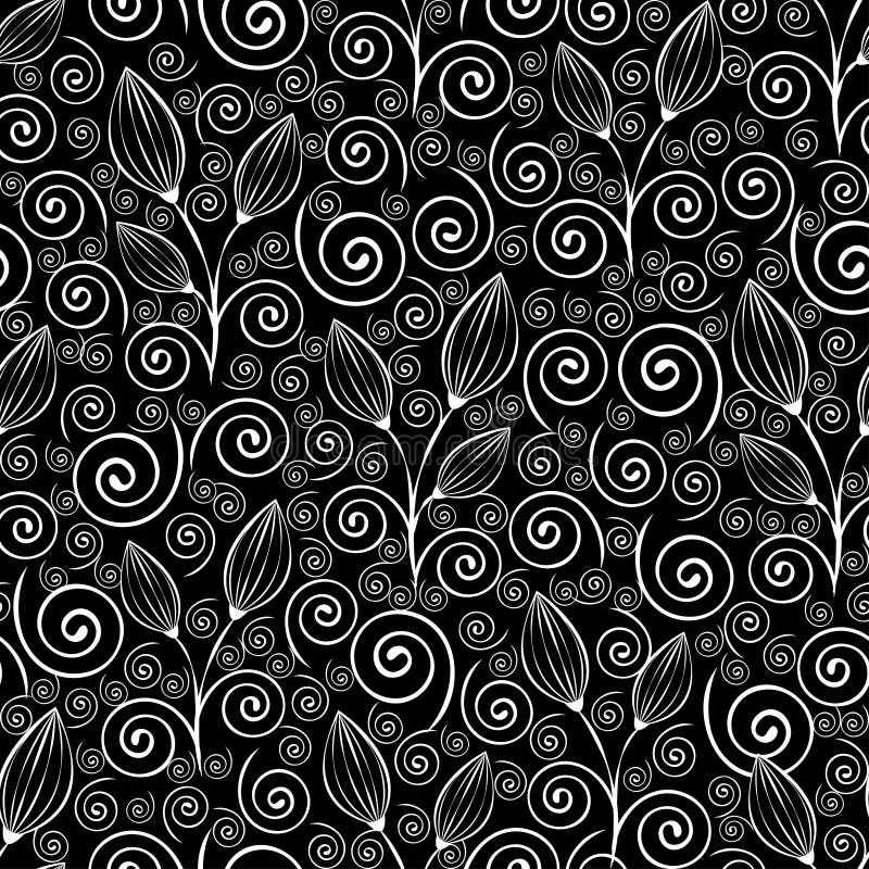 Abstract flowers seamless pattern, black and white outline drawing, linear illustration, vector monochrome background. White flowe