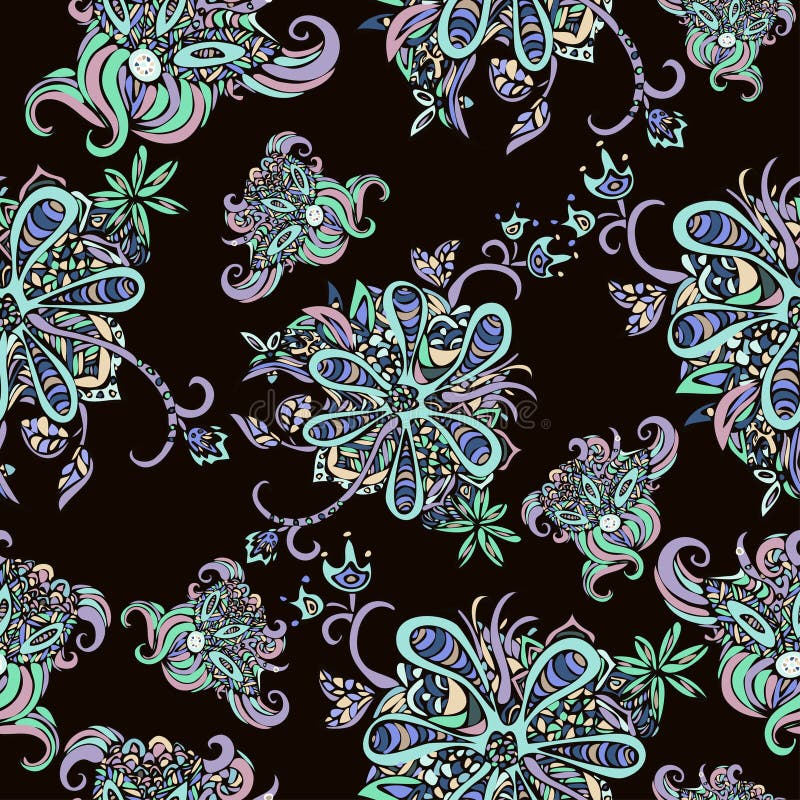 Abstract flowers seamless pattern. Doodle, sketch. Black and white flowers on scarlet background. For fabric design, textile