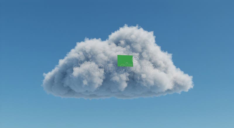 Abstract fluffy cloud in a serene blue sky, featuring a central green square stock illustration