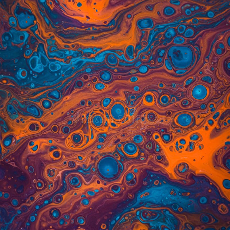 Abstract fluid art featuring vibrant swirls of blue and orange. The image displays royalty free illustration