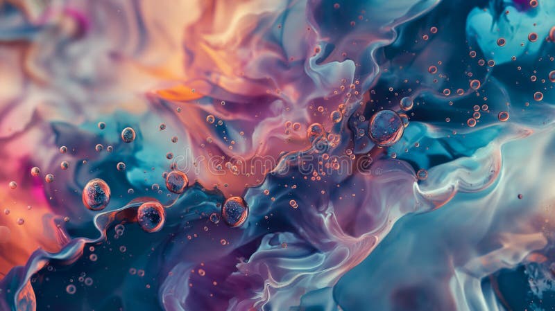 Abstract fluid art with swirling, colorful patterns and floating bubbles, creating a dynamic and mesmerizing visual effect royalty free illustration