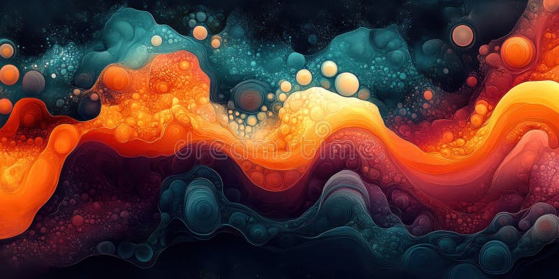 Abstract Fluid Art with Vibrant Waves and Bubbles in Vivid Colors stock illustration