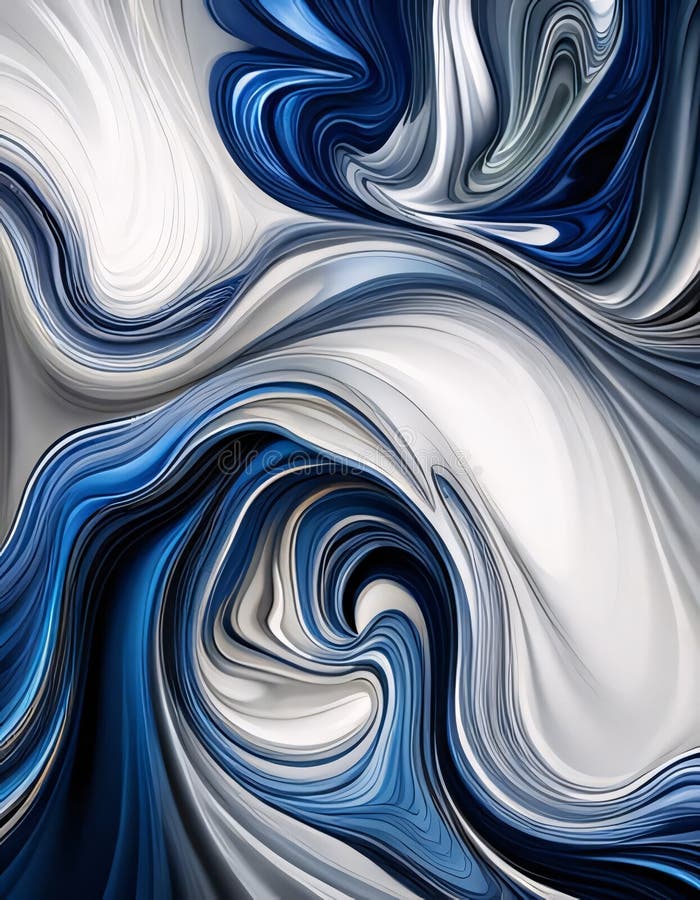 Abstract fluid metallic form with swirling patterns in shades of blue, white, and gray, Generative AI royalty free illustration
