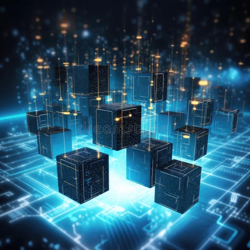 Abstract of a flying cube. Sci fi shape in empty space. Futuristic background. stock illustration