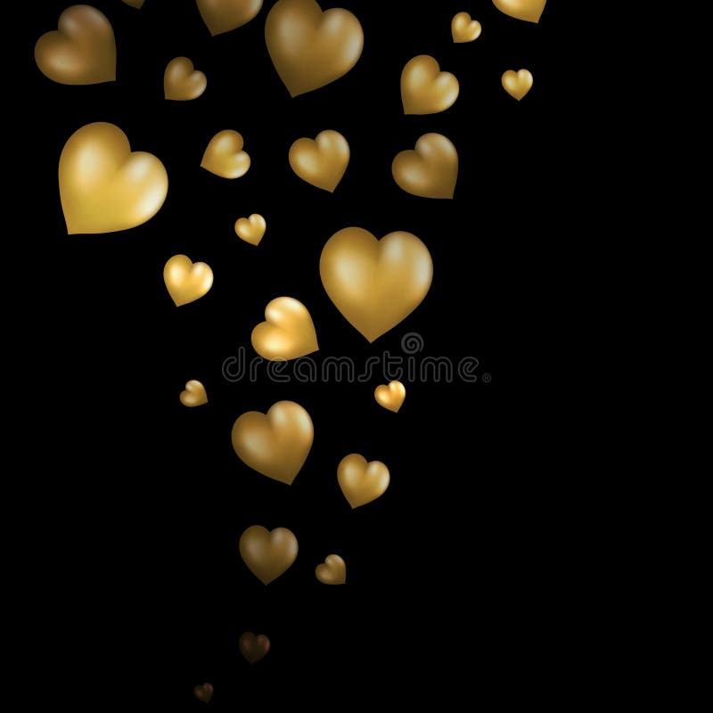 Abstract flying gold hearts on black background