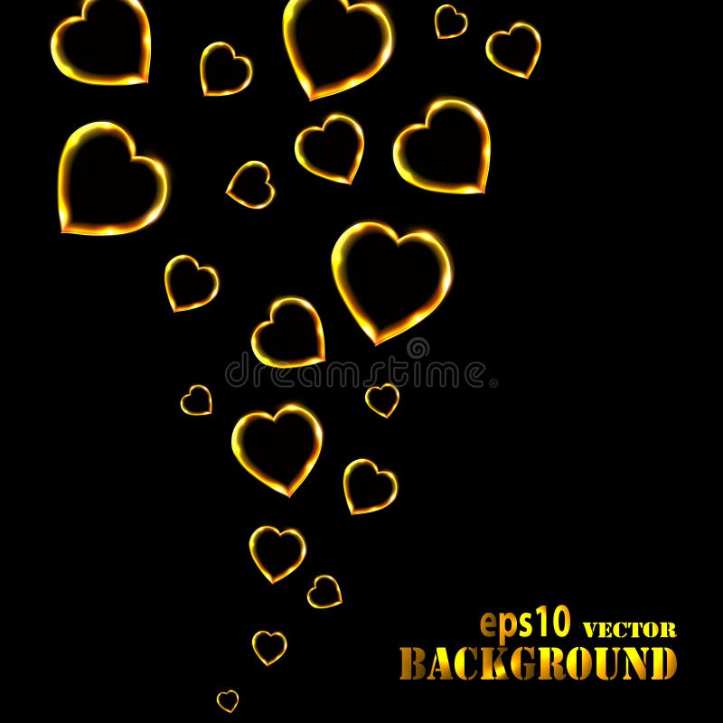 Abstract flying golden hearts on black background