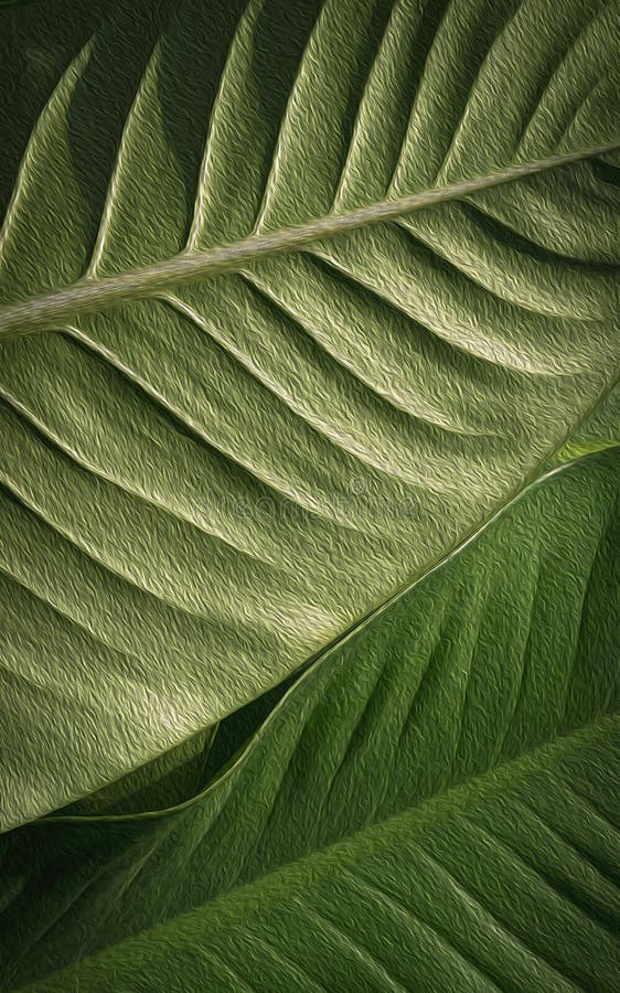 Green Leaf with Sunlight and Shadow on Surface in Oil Paint Techniques
