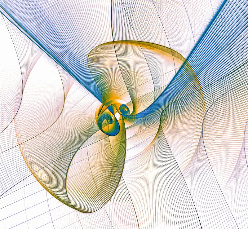 Abstract fractal background with arcs, parallel lines, curls. Transparent striped surfaces rotate on a white background. stock illustration