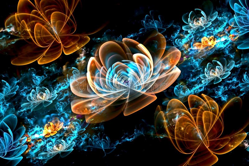 Abstract fractal computer-generated glowing 3d flowers. Multicolored fractal painting on a black background stock illustration