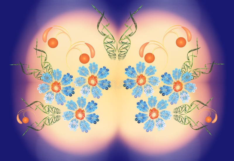 Abstract fractal flowers on a blue background with a Sunny gradient vector illustration