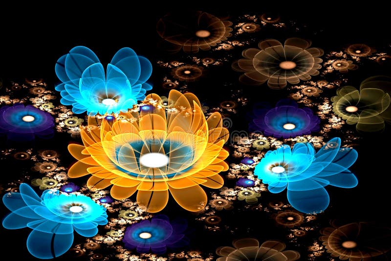 Abstract fractal glowing 3d flowers. Multicolored fractal painting on a black background, magic cosmic flower bed. Abstract fractal glowing 3d flowers. Multicolored fractal painting on a black background, magic cosmic flower bed