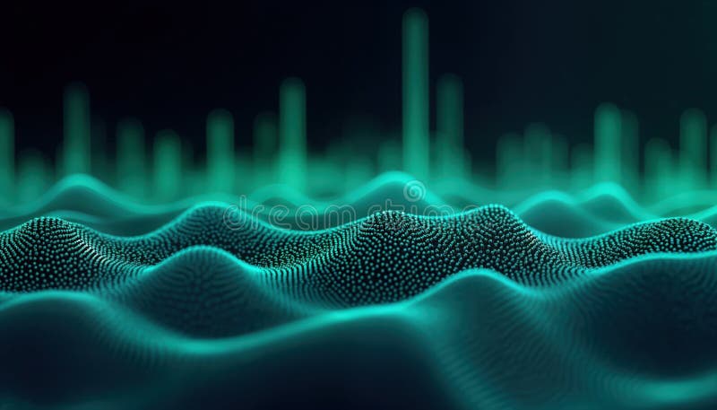 Abstract futuristic audio equalizer graphic displays dynamic sound waves. Blue green color pattern. Data visualization elements. royalty free illustration