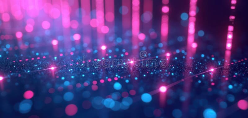 Abstract futuristic backdrop. Vertical lines of gradient purple, blue lights. Glowing dots create vibrant tech-inspired royalty free illustration