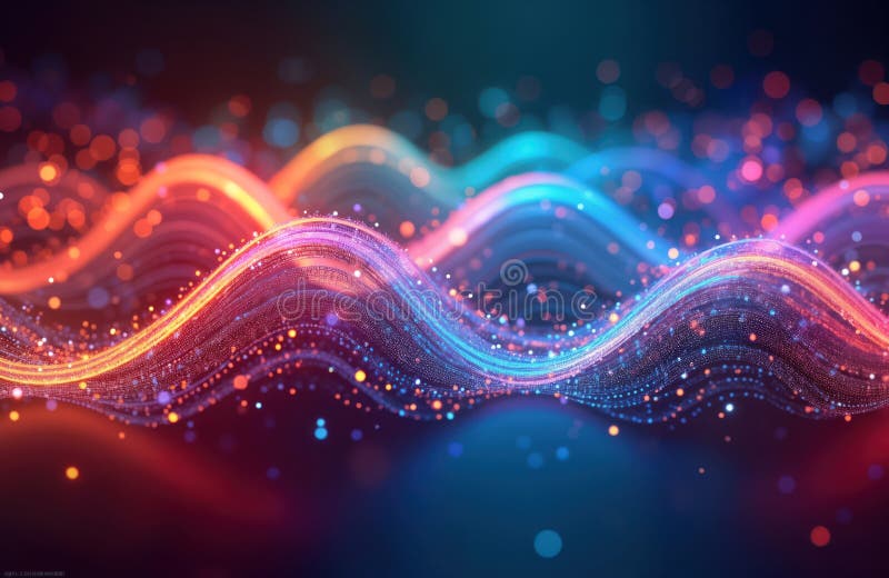 Abstract futuristic background displays colorful waves of optic fiber cables. Colorful glowing lines, points create dynamic stock illustration