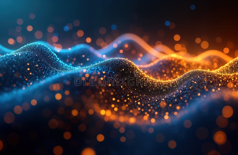 Abstract futuristic background displays dynamic glowing neon wave lines. Gold, blue glowing particles create high-speed data royalty free illustration