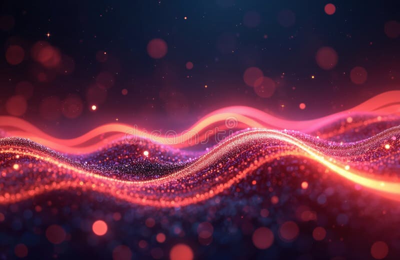 Abstract futuristic background featuring glowing pink, golden wave lines, shimmering bokeh lights. Data transfer concept vector illustration