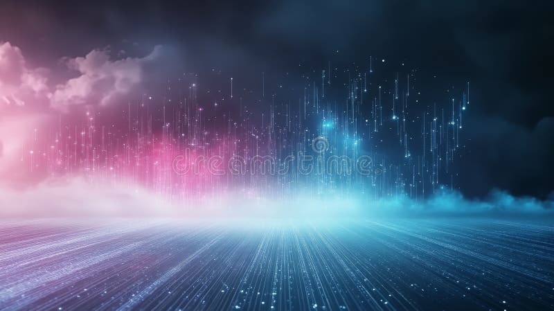 Abstract futuristic background with glowing lines and particles in blue and pink. A dark background with digital elements vector illustration