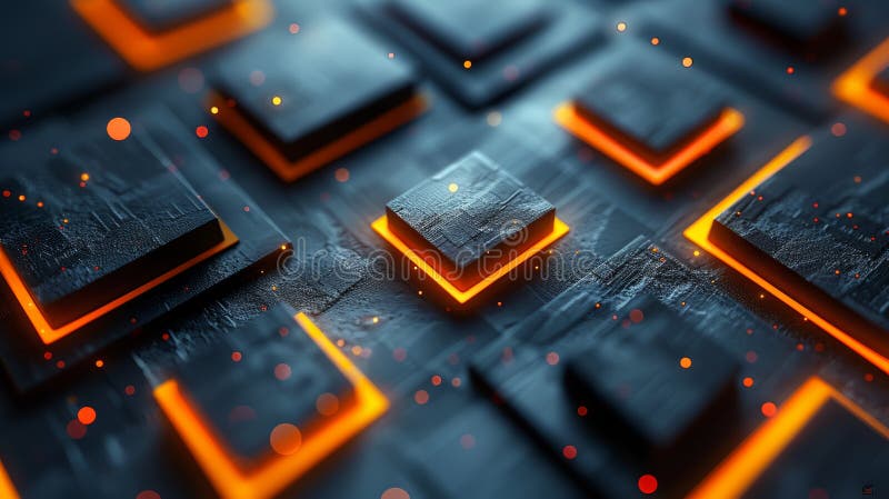 Abstract futuristic background with glowing orange lines and black squares stock illustration