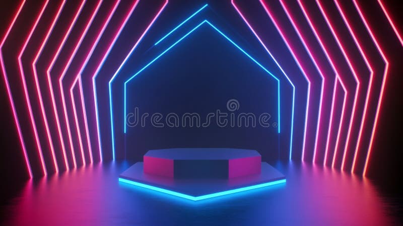 Abstract futuristic background, hexagon stage, neon light, ultraviolet concept, 3D render royalty free illustration