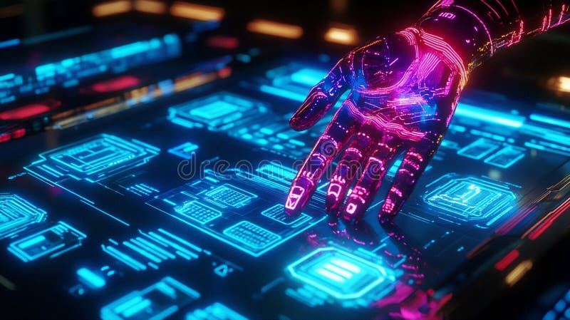 Cyberpunk Robotic Hand Neon Interface Futuristic Technology Digital Art Abstract Background Glow Pink Blue vector illustration