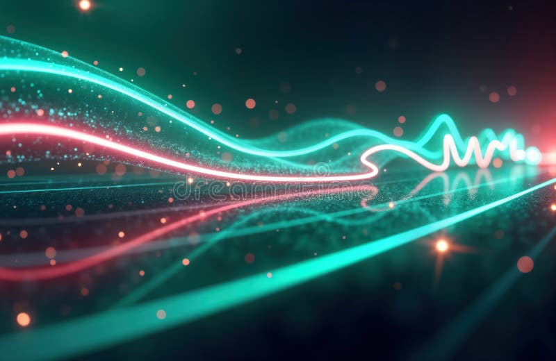 Abstract futuristic background shows glowing neon lines moving at high speed. Pink, blue lines create dynamic data transfer vector illustration