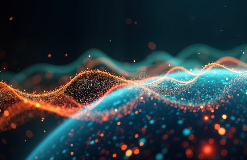 Abstract futuristic big data wave flows across earth. Energy particles connect neural network. Glow, light show data transfer. royalty free illustration
