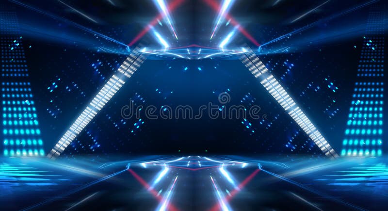 Background of empty stage show. Neon blue and purple light and laser show. Laser futuristic shapes on a dark background. Abstract royalty free stock photography