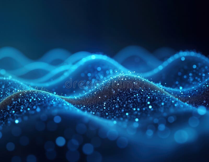 Abstract futuristic blue tech background. Glowing particles form wavy patterns. Dynamic, mesmerizing visual. Creative design for vector illustration