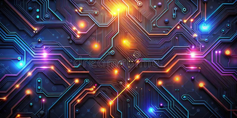 Abstract futuristic circuit board design with illuminated pathways and nodes representing complex technological connections. vector illustration