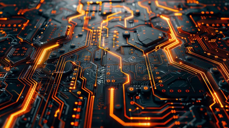 Abstract futuristic circuit board with glowing orange lines royalty free illustration