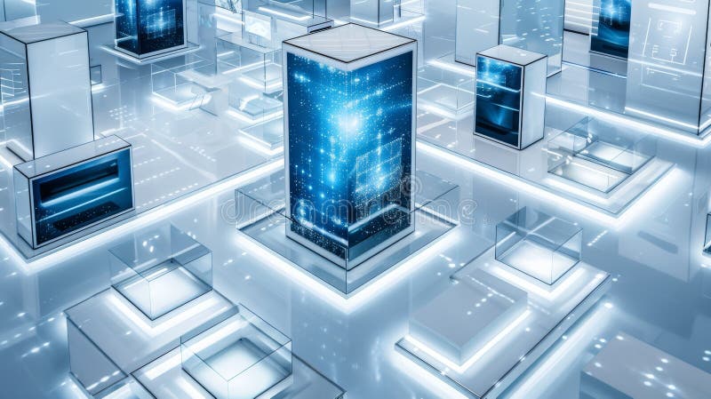 Abstract futuristic cityscape with glowing blue data servers royalty free illustration