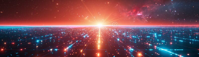 Abstract futuristic cityscape with glowing lights and a bright horizon vector illustration