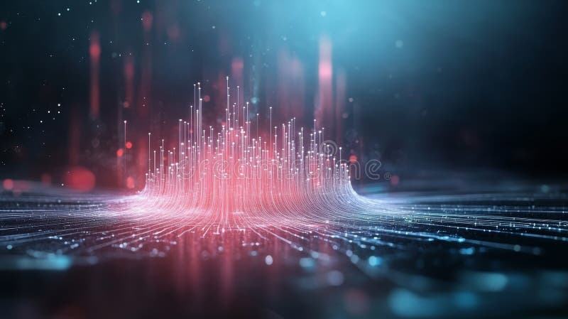 Abstract futuristic cityscape with glowing lights and digital particles royalty free illustration