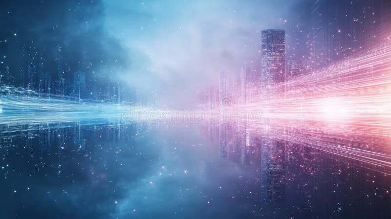 Abstract futuristic cityscape with glowing lights and reflections royalty free illustration