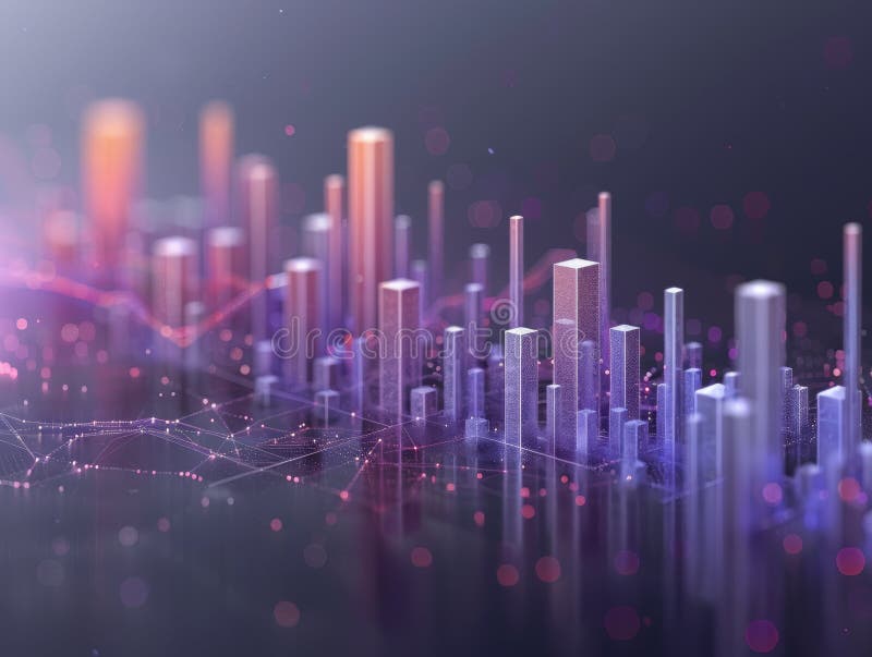 Abstract futuristic cityscape with glowing neon lights and data visualizations stock illustration