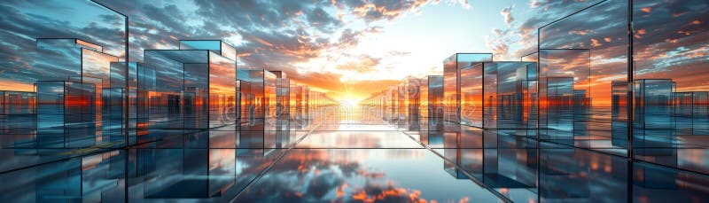 Abstract futuristic cityscape with glowing sky stock illustration